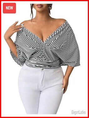 Plus Size Striped Off Shoulder Ruched Blouse Top Dolman Sleeve Open Back Wrap